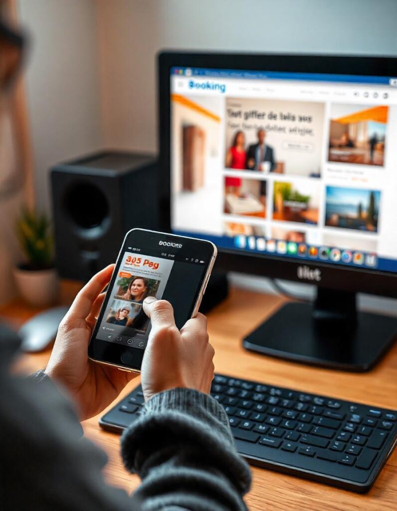 teresa gestora alquiler. Persona usando la app de Booking en su teléfono móvil mientras navega en el sitio web en una computadora.
