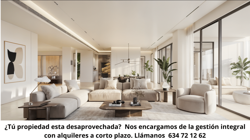 Imagen de una moderna propiedad con muebles elegantes, acompañada de un mensaje sobre gestión de alquileres a corto plazo. teresa gestora alquiler